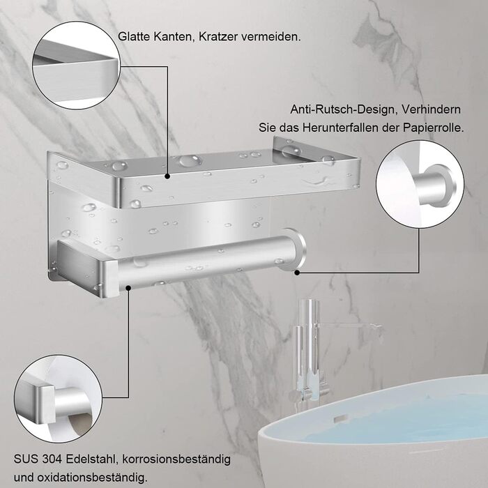 Тримач для туалетного рулону без свердління з полицею, тримач для туалетного рулону Ausbond з нержавіючої сталі SUS304 настінний т