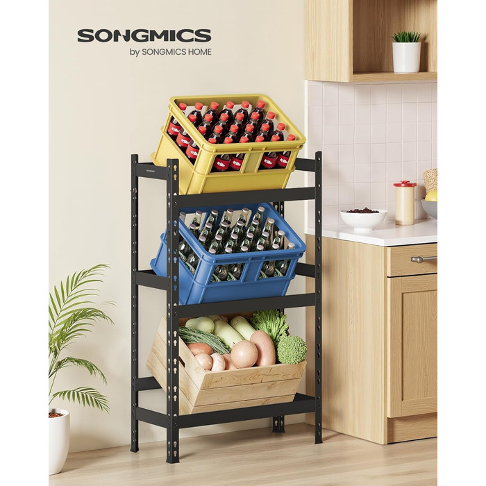 Стелаж для напоїв SONGMICS, для 3 напоїв, 3 рівні, вантажопідйомність кожного рівня до 30 кг, стійка для напоїв, стійка для пивних ящиків, сталь, підставка для ящиків, стійка для водних ящиків, чорний колір GYL001B01