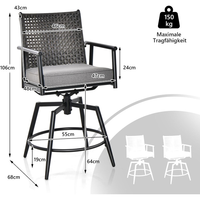Набір COSTWAY з 2 барних стільців, що обертаються на 360, садові стільці зі спинкою з поліетиленового ротанга, знімна м'яка подушка, підставка для ніг і металевий каркас, барні стільці для балкона, саду та басейну
