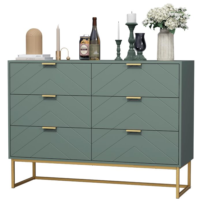 Комод UEV з 6 шухлядами, дерев&39яна шафа з механізмом проти перекидання та металевими ніжками, висока тумба/сервант, вузька комод/бічна шафа для вітальні, спальні, коридору, 100x34x73,5 см, зелений, 34 Г x 100 Ш x 73,5 В см (6 шухляд)