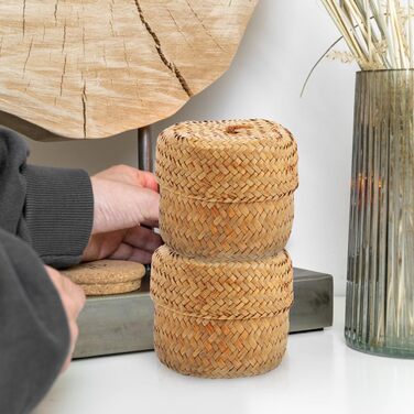 Міні-кошик IMIKEYA з 2 предметів з морською травою та кришкою, круглий, ручної роботи, маленька скринька з морської трави, кошики для зберігання з верби, сільський квітковий кошик для столу, дому, вечірки, 12x9 см