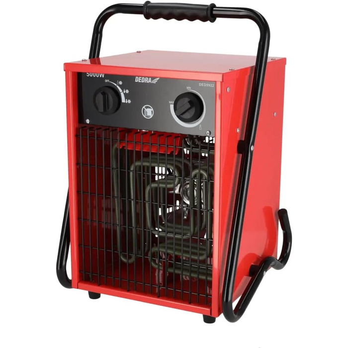 Електричний вентилятор-обігрівач DEDRA 5 кВт, 400 В, квадратний, червоний, для добре ізольованих приміщень, термостат, захист від перегріву, три режими роботи, контроль температури, металевий корпус, до 50 м Потужність 5000 Вт, площа обігріву 50 м