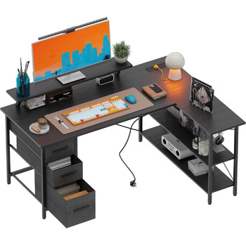 Г-подібний письмовий стіл з 3 тканинними шухлядами, 140 x 80 см. Двосторонній кутовий письмовий стіл з підставкою для монітора, розеткою та USB-портом для зарядки для домашнього офісу, чорний.