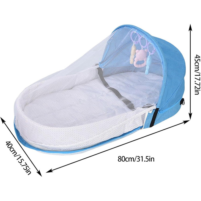 Складана дитяча колиска, портативна колиска, колиска для малюків з розвиваючими іграшками та дихаючою сіткою, дорожня колиска, дитяче ліжко, портативне дитяче ліжко для кемпінгу на свіжому повітрі, синього кольору