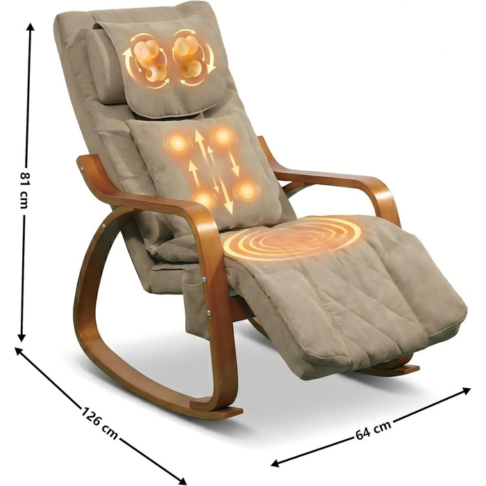 Масажне крісло-гойдалка, крісло-реклайнер, крісло для телевізора з 3-зонним масажем, масажне крісло з функцією підігріву, регульований підголівник та підставка для ніг, знімний чохол, вантажопідйомність 150 кг, світло-коричневий колір