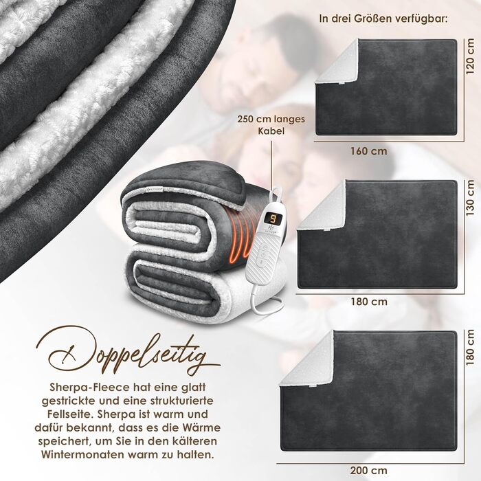 Електрична ковдра з підігрівом KESSER з автоматичним вимкненням 200x180 см, двостороння Затишна ковдра для ліжка, дивана 9 температурних режимів Можна прати до 40C з таймером та цифровим дисплеєм Антрацит