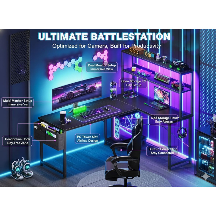 Г-подібний кутовий стіл Garvee, чорний зі світлодіодним освітленням та відсіком, ігровий стіл з підставкою для монітора та бічною кишенею, сучасний комп&39ютерний стіл для домашнього офісу, міцний стіл з полицею, 124x92 см