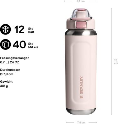 Пляшка STANLEY Wellspring 0,7 л - Зберігає напої холодними протягом 12 годин - Зберігає напої крижаними протягом 40 годин - Пляшка з переробленої нержавіючої сталі без бісфенолу А - Герметична - Можна мити в посудомийній машині - Рожевий кварц