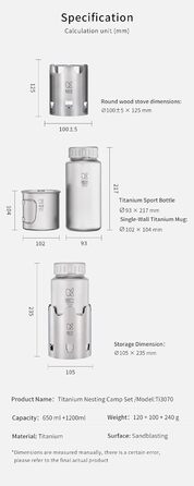 Набір для гніздування Keith Titanium Ti3070 - надлегка титанова пляшка, чашка та дров&39яна піч без пластику з полотняною сумкою для перенесення - міцний, портативний та екологічно чистий для кемпінгу, походів та