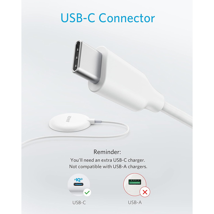 Магнітна бездротова зарядна панель Anker 313, бездротовий зарядний пристрій з кабелем USB-C довжиною 150 см, підходить лише для iP