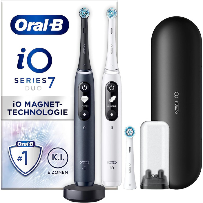 Електрична зубна щітка/електрична зубна щітка Oral-B IO Series, подвійна упаковка та 3 щітки, 5 режимів чищення для догляду за зубами, магнітна технологія, дисплей і дорожній кейс, білий алебастр/чорний онікс Новий подвійний пакет одинарний