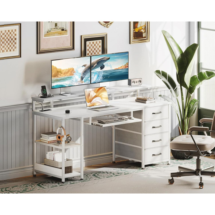 Письмовий стіл ODK з 4 шухлядами, 140x52x92 см, комп&39ютерний стіл з 2 розетками та 2 USB-портами для зарядки, ПК-стіл з полицею, ігровий стіл з підставкою для клавіатури для офісу, вітальня, білий 140x52 см