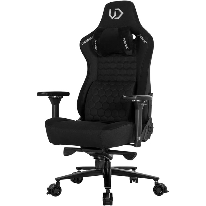 Офісне крісло, стілець для роботи, поперекова підтримка, 2 подушки з піни з ефектом пам&39яті, обертове крісло, підлокітники, регулювання висоти за допомогою газової пружини, ролики з фіксацією, металевий каркас, наповнювач з піни, чорний