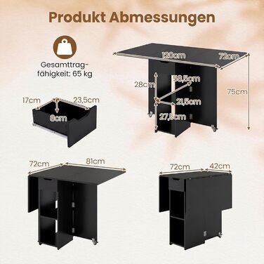 Розкладний обідній стіл COSTWAY, кухонний стіл на колесах, шухляда та 2 полиці, розкладний стіл для 2-4 осіб, обідній стіл для невеликих приміщень, їдальня, кухня, 120 x 72 x 75 см (чорний) чорні колеса з поліуретану