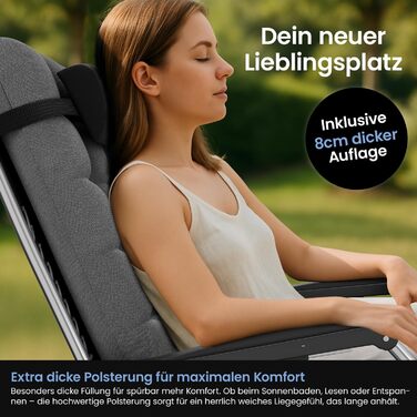 Складаний шезлонг ELONEO з преміальною подушкою, всепогодний шезлонг з вантажопідйомністю 200 кг, надзвичайно широкий садовий стілець, садовий шезлонг з регульованою спинкою, подушкою для шиї та тримачем для напоїв, антрацит