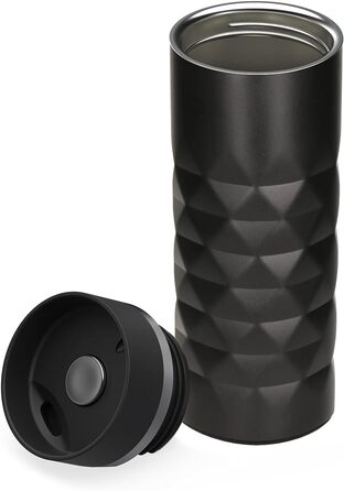 Термокружка Elasto Premium з нержавіючої сталі з кнопкою 450 мл Герметична кришка Гаряча та холодна Без BPA Термокружка для кави з собою з діамантами Матовий блиск Чорний онікс