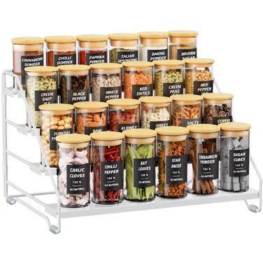 Рівнева підставка для спецій, металева підставка для спецій, регульована без свердління, тримач для спецій, органайзер для підставок для спецій для кухні, шафи та стільниці, компактна кухонна полиця (біла), 4-