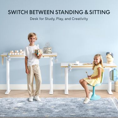 Дитячий письмовий стіл FLEXISPOT, з електричним регулюванням висоти, для дітей віком від 6 років, зі світлодіодним дисплеєм висоти, 3 положеннями пам&39яті, блокуванням від дітей та ергономічною стільницею, 110 x 52 см, білий