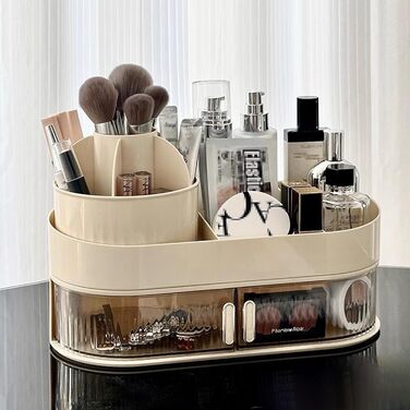 Органайзер для макіяжу з 1 шухлядою, обертовим органайзером для косметики та відділенням з тримачем для пензлів для макіяжу, що обертається на 360, для спальні та ванної кімнати, стандартні стільниці для туалетного столика