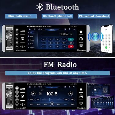 Автомобільна стереосистема Bluetooth 1 Din стерео 4,1-дюймовий ємнісний сенсорний екран FM/AM радіоприймач Подвійний порт USB/AUX-вхід/TF карта камера заднього виду/зовнішній мікрофон/керування на кермі (5,1 дюйма 1 Din Carplay)