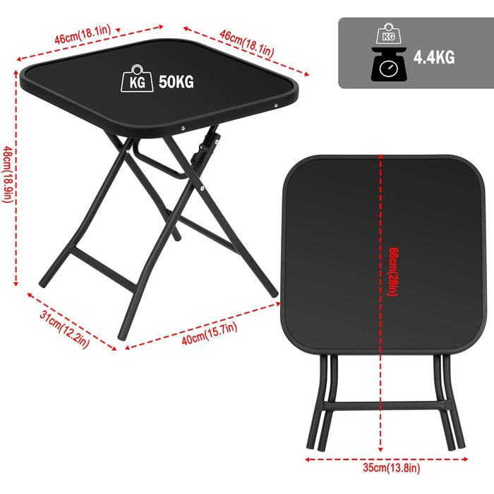 Складаний стіл eSituro, складний бічний столик, балконний стіл, кемпінговий стіл, садовий стіл, бістро-стіл, з металевим каркасом, прямокутна стільниця із загартованого скла, 46x46x48 см, чорний