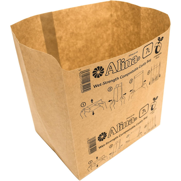 Компостований паперовий мішок для харчових відходів Alina/біорозкладний паперовий мішок об&39ємом 7 літрів, 50 x 6 - 8 л (коричневий, 50 пакетів), 50 шт. (1 упаковка)