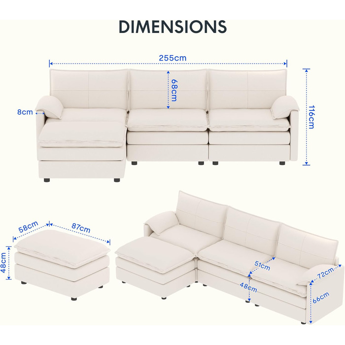 Диван FLEXISPOT на 4 особи, L-подібний кутовий диван з пуфом та місцем для зберігання речей, модульний компактний диван для вітальні, білий, 255 x (7258) x 116 см