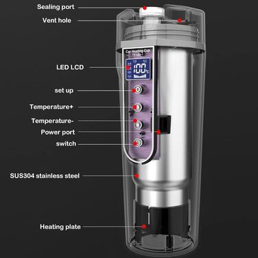 Автомобільний чайник Memows, Автомобільний чайник 12V Туристичний чайник 500 мл, 12 Вольт Кемпінговий чайник Прикурювач 304 Нержавіюча сталь з РК-дисплеєм і контролем температури для автомобільної вантажівки