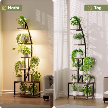 Підставка для рослин з лампою для вирощування, 7-рівнева підставка для квітів (165 см), полиця для рослин з металу та дерева з фіксуючими колесами, підставка для квітів для внутрішнього/зовнішнього використання, декоративна підставка для квітів для саду а