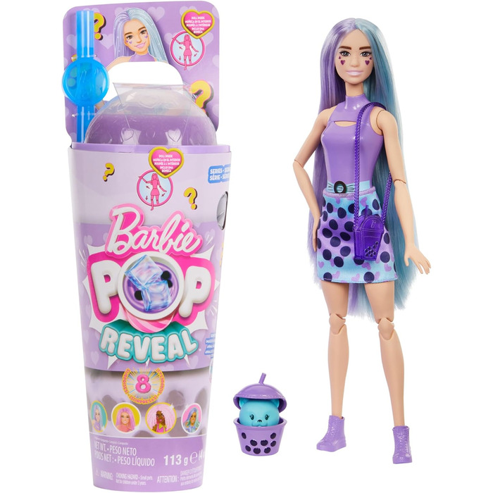 Лялька та аксесуари серії Barbie Pop Reveal Bubble Tea, лялька-модель з ароматизованим молоком таро з домашнім улюбленцем, 8 сюрпр