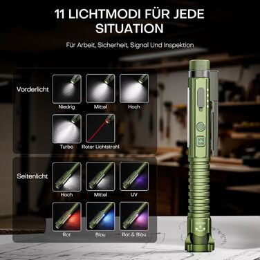 Акумуляторний ліхтарик EDC, світлодіодний робочий ліхтарик 800 люмен із магнітним затискачем та магнітною основою, 11 режимів роботи, пальцевий ліхтарик COB, ідеально підходить для майстерні, дому та аварійного освітлення, великий, зелений