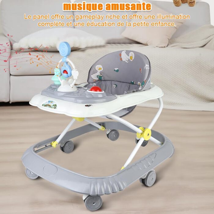 Дитячий вертел 4-в-1 з підносом для музичних занять, 4 регульовані висоти, складні ходунки для дітей від 6 до 18 місяців, вагою до 9 кг (сірий, 58 x 55 x 65 см) Сірий 58*55*65 см