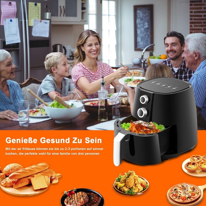 Аерофритюрниця OFCASA XL 3.8 л 1450 Вт, фритюрниця з гарячим повітрям, таймер на 30 хвилин і контроль температури 80-200C, фритюрниця без олії з подвійною ручкою Contro, кошик з антипригарним покриттям, безмасляна фритюрниця для чіпсів, чорна подвійна кно