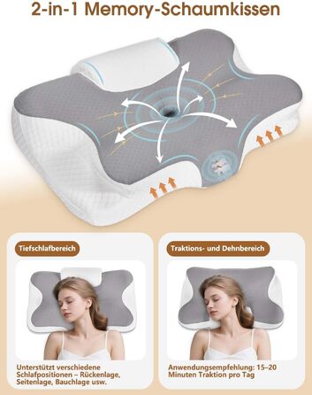 Подушка для шиї 2-в-1 з піни з ефектом пам&39яті, ергономічна для сну на боці та на спині зі знімним чохлом, який можна прати, 6412/13 см