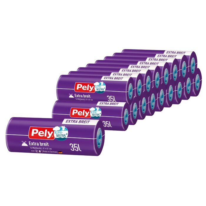 Сміттєві пакети Pely зі шнурком, що запобігають запаху, 35 літрів, надзвичайно широкі - вигідна упаковка, 19 x 14 шт. , для утилізації залишкових відходів