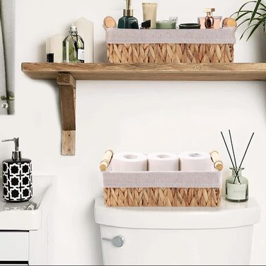 Плетені кошики для зберігання з ручками, комплект кошиків для ванної кімнати з 2 предметів з ротанга, плетені кошики з полицями ручної роботи, кошик для зберігання рушників та туалетного паперу, водяний гіацинт