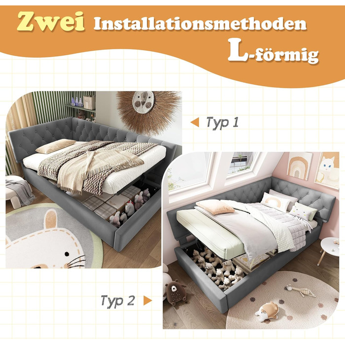 М&39яке ліжко, односпальне ліжко, дитяче ліжко 90x200 см, диван-ліжко/кушетка з гідравлічним відділенням для зберігання, кушетка/дитяче ліжко, каркас ліжка зі спинкою та рейковою основою з дерева, оксамит, без матраца (сірий)