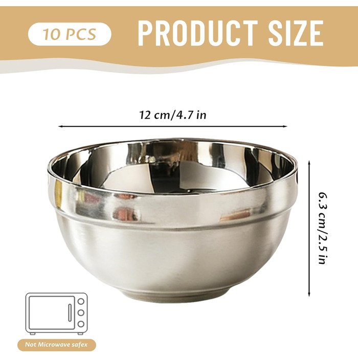 Мисок з нержавіючої сталі, двостінні ізольовані металеві миски, небиткі миски для рису, пластівців, морозива, гарячих та холодних страв, нержавіюча сталь для дітей, 10