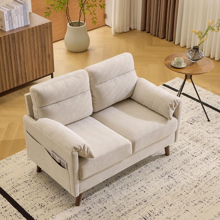 Маленький 2-місний диван Bonnlo, міні-диван 125 см, невеликий тканинний диван з м&39якими підлокітниками, маленький диван для офісу, вітальні, спальні та кабінету, легке складання, льон, бежевий