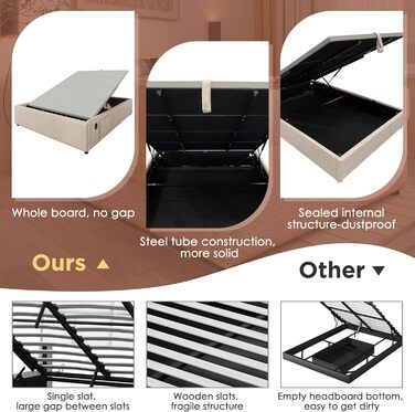 М&39яке ліжко 140x200 см без узголів&39я, ліжко з місцем для зберігання речей, двоспальне ліжко, каркас ліжка з рейковою основою по всій поверхні, лляне, функціональне ліжко, без матраца (натуральний), 140x200 см