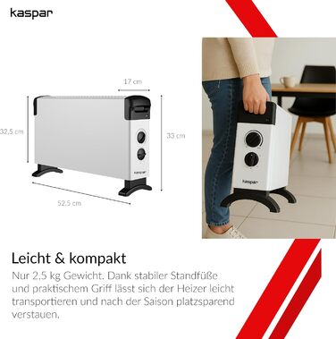 Конвекторний радіатор KASPAR з термостатом та 3 режимами нагріву, електричний обігрівач потужністю 750/1250/2000 Вт, білий