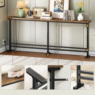 Вузький консольний столик, вузький столик для передпокою, столик для передпокою довжиною 180 см, 1 розетка змінного струму, 1 порт USB-A, 1 порт Type-C, для вітальні, передпокою, вінтажний коричнево-чорний XCT08CBR 180 x 15 x 70-90 см Вінтажний коричневий