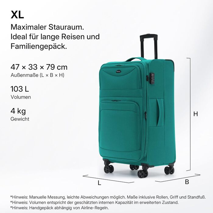 Розширюваний валізу з передніми кишенями, збільшений об'єм на 15, TSA-замок, подвійні колеса, що обертаються на 360, та прихований адресний ярлик (Бірюзовий, XL (79 см) розширюваний)