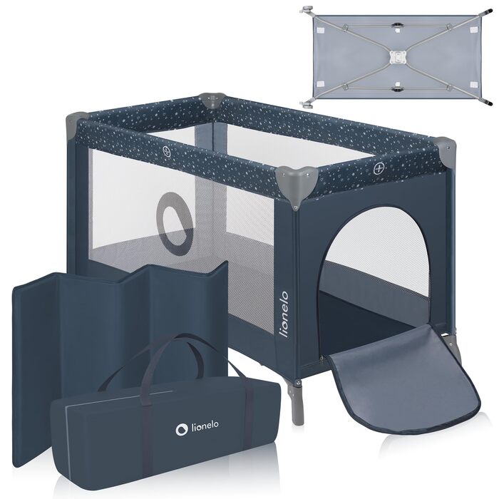 Дитяче ліжечко Lionelo Stefi, дорожнє ліжечко від народження до 15 кг, бічний вхід, система безпеки LockGuard, блокування коліс, сумка для перенесення, складне, синьо-сіре