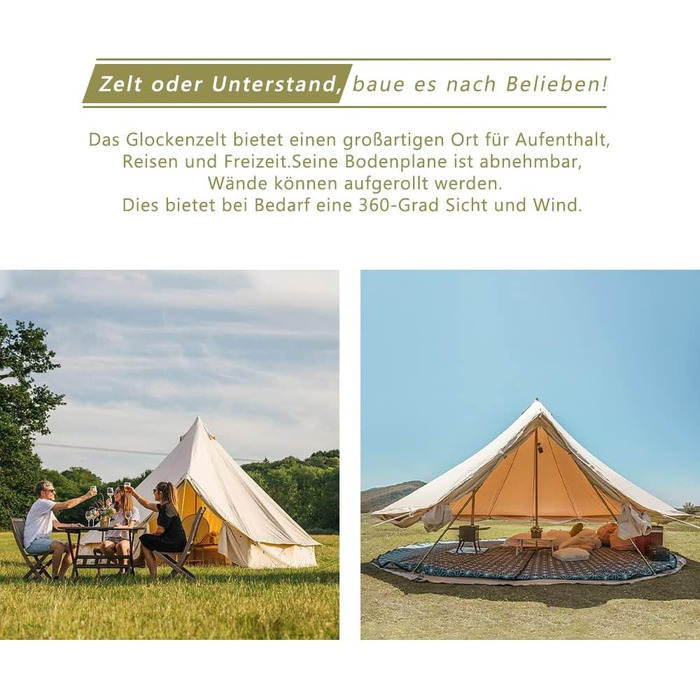 Намет TOMOUNT Bell 3 м 4 м Глемпінговий намет для 3-6 осіб Бавовняний сімейний намет Кемпінговий намет Намет-тіпі Пірамідальний намет для груп, сімей, кемпінгу на свіжому повітрі, вечірок 4 м