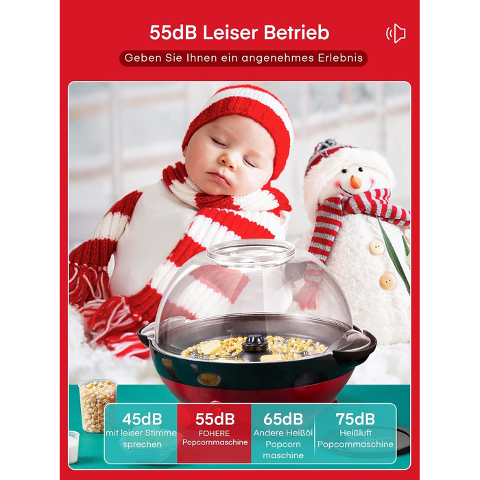 Машина для попкорну FOHERE, 5.5-літрова машина для дому, машина для попкорну з цукром, олією, маслом, антипригарним покриттям і знімною нагрівальною поверхнею, тиша та швидкість, велика кришка як миска для подачі червона