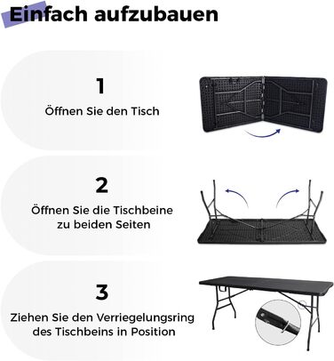 Складаний стіл, 180 см, портативний, міцний, пластиковий, розкладний, для використання в приміщенні та на вулиці, для кемпінгу, пікніків та вечірок (чорний)