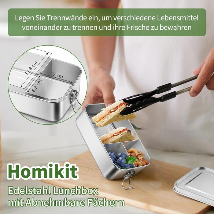 Ланчбокс Homikit з роздільниками, нержавіюча сталь, 850 мл. Бенто-бокс з сумкою для дітей та дорослих, контейнер для обіду з виймаються перегородками та герметичною кришкою з силіконовим ущільнювачем.