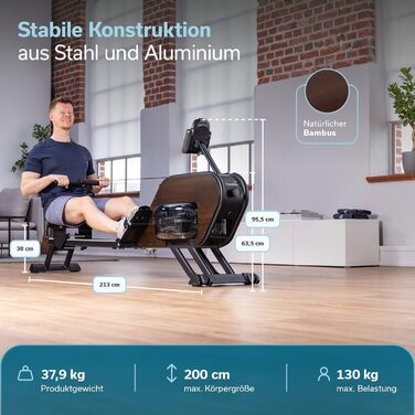 Гібридний гребний тренажер Skandika Nemo III Опір воді та магніту, 32 рівні електричного опору, 15 програм, до 200 см, сумісний із додатком, окремостоячий Водний гребний тренажер, домашнє фітнес-обладнання, дерев&39яний