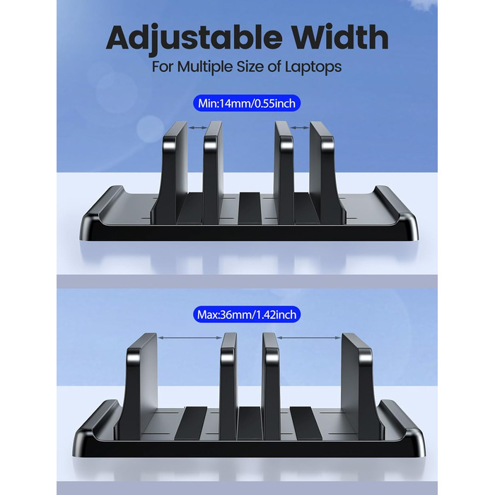 Вертикальна підставка для ноутбука - компактна та регульована, 5-в-1, з 3 слотами для MacBook, ноутбуків, iPad та ноутбуків до 17,3 дюймів - Чорна. Чорний / Schwarz